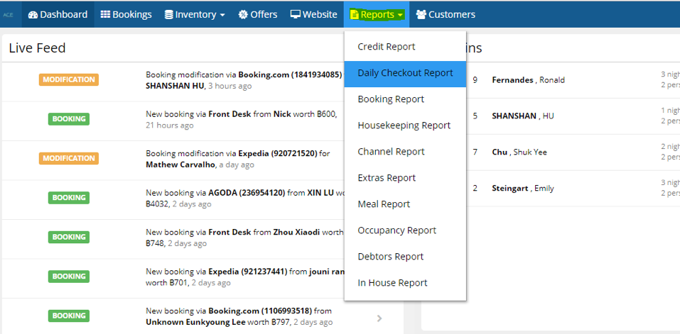 hotel management system reports